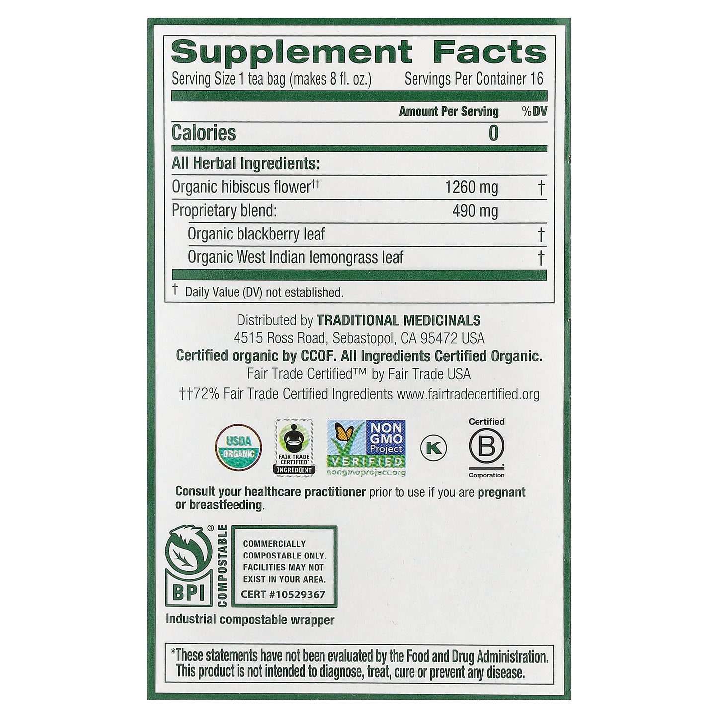 Traditional Medicinals, Organic Hibiscus, Caffeine Free, 16 Wrapped Tea Bags, 0.99 oz (28 g)