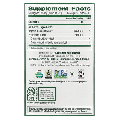 Traditional Medicinals, Organic Hibiscus, Caffeine Free, 16 Wrapped Tea Bags, 0.99 oz (28 g)