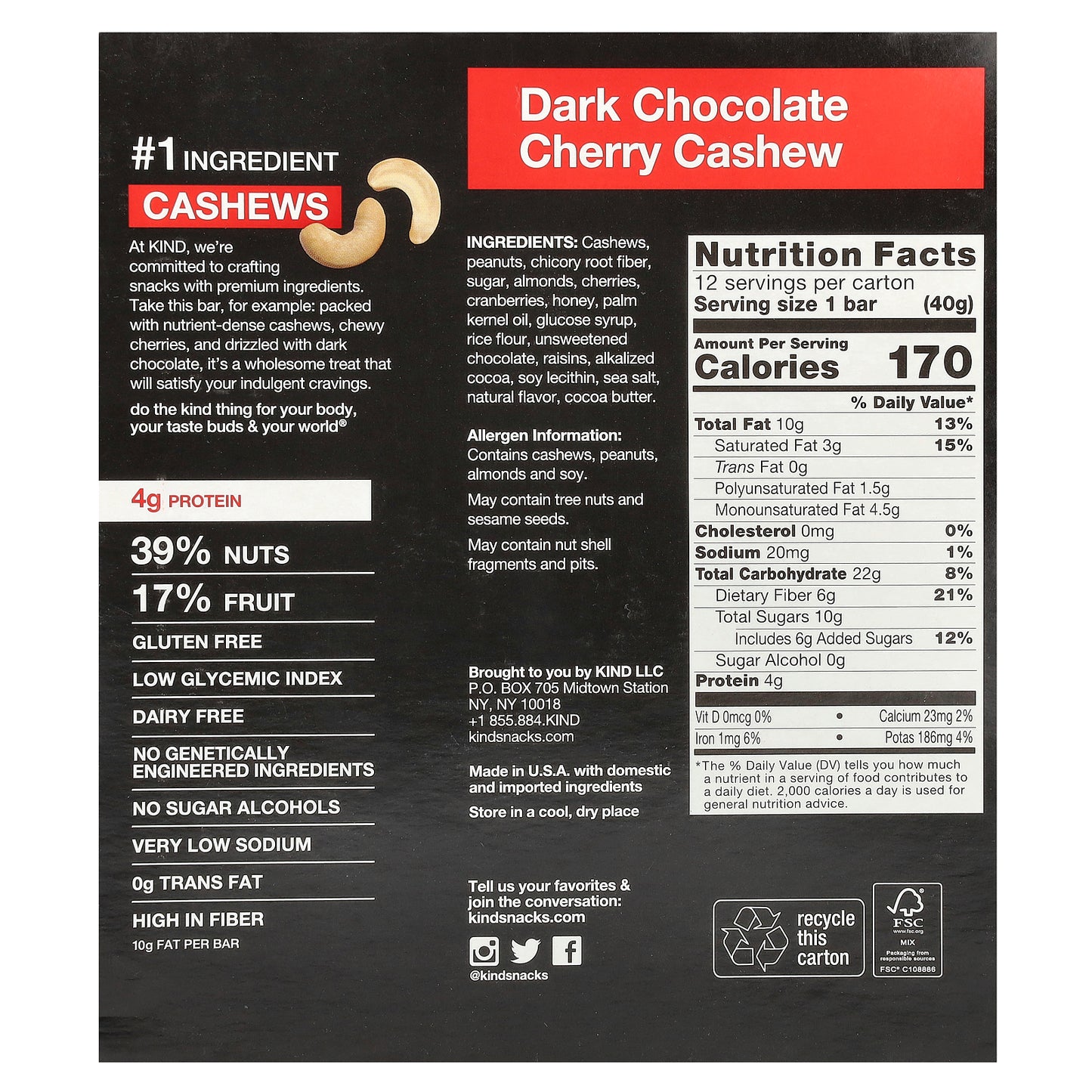 KIND Bars, Dark Chocolate Cherry Cashew, 12 Bars, 1.4 oz (40 g) Each