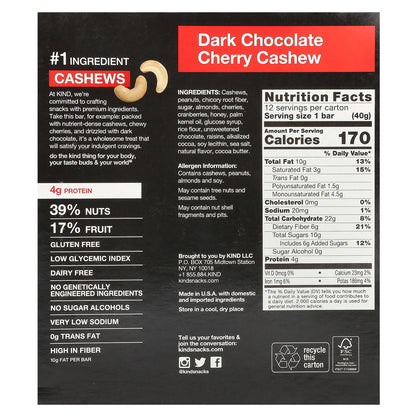 KIND Bars, Dark Chocolate Cherry Cashew, 12 Bars, 1.4 oz (40 g) Each