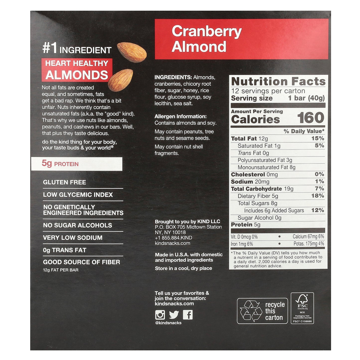 KIND Bars, Cranberry Almond, 12 Bars, 1.4 oz (40 g) Each