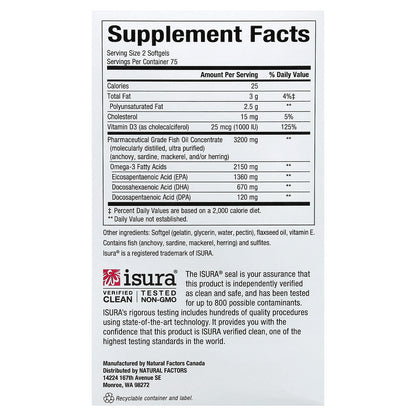 Natural Factors, RxOmega-3 Ultra Strength with Vitamin D3, 150 Softgels