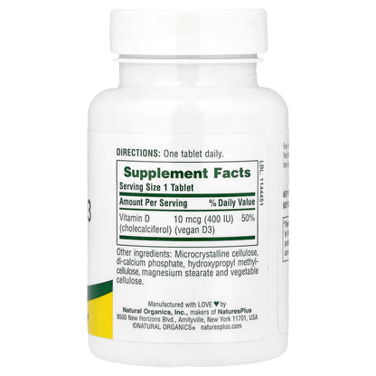 NaturesPlus, Water-Dispersible Vitamin D3, 10 mcg (400 IU), 90 Tablets