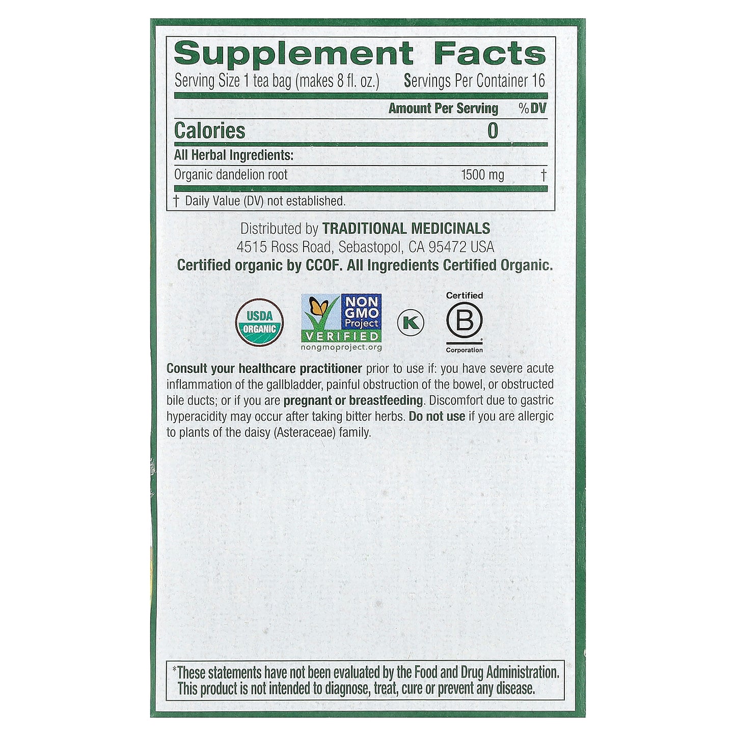 Traditional Medicinals, Organic Roasted Dandelion Root, Caffeine Free, 16 Wrapped Tea Bags, 0.85 oz (24 g)