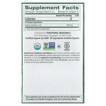 Traditional Medicinals, Organic Roasted Dandelion Root, Caffeine Free, 16 Wrapped Tea Bags, 0.85 oz (24 g)