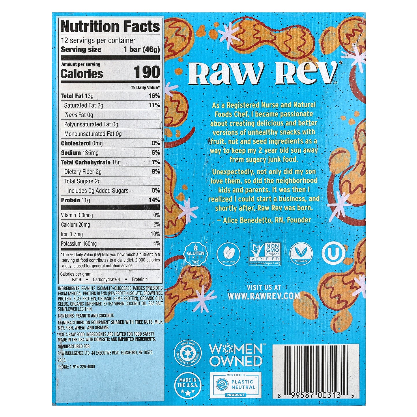 Raw Rev, Plant-Based Protein Bar, Crunchy Peanut Butter & Sea Salt, 12 Bars, 1.6 oz (46 g) Each