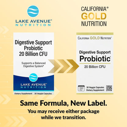 California Gold Nutrition, Digestive Support Probiotic, Probiotic & Prebiotic Blend with Lactobacillus rhamnosus GG, 20 Billion CFUs, 30 Veggie Capsules