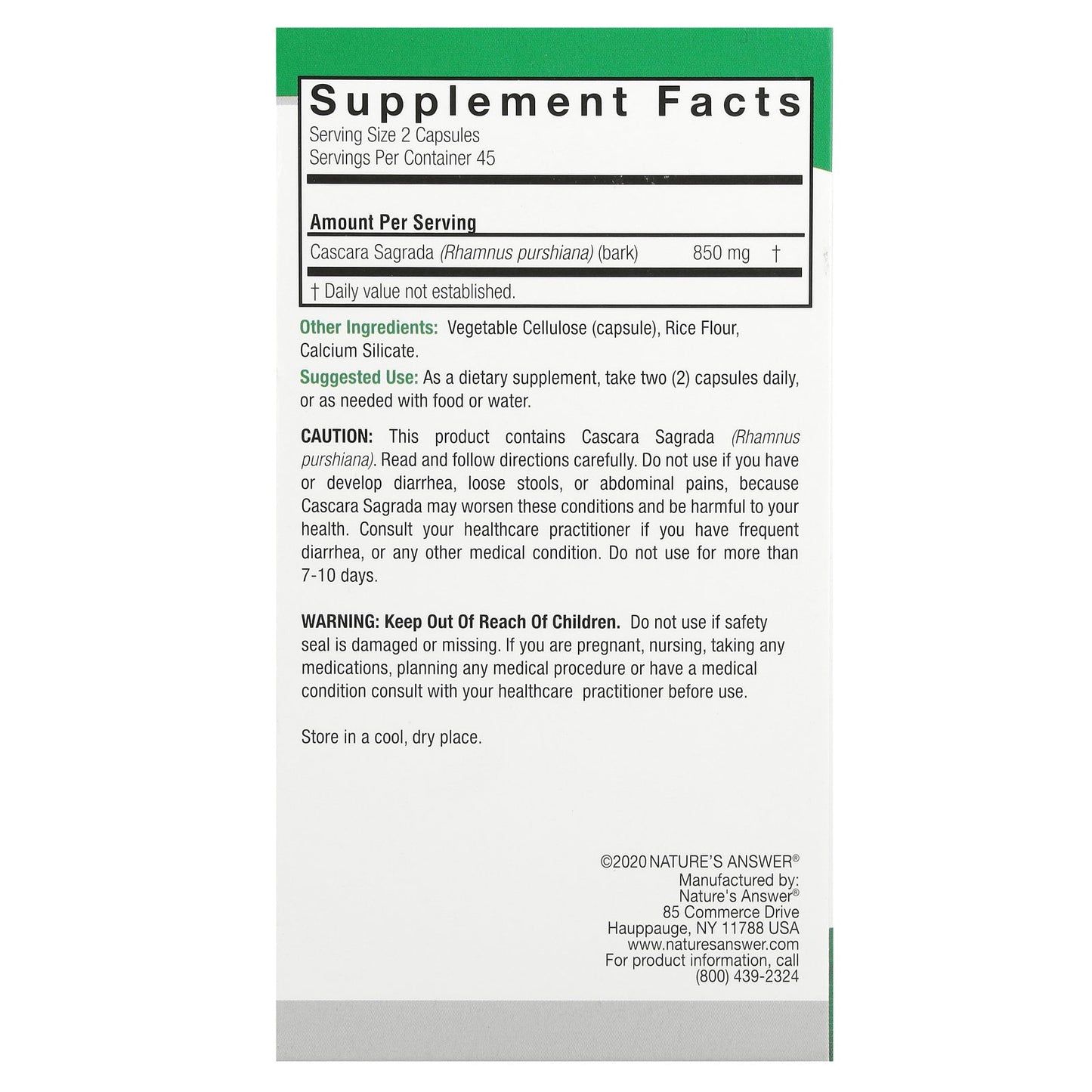 Nature's Answer, Cascara Sagrada, 90 Vegetarian Capsules (425 mg per Capsule)