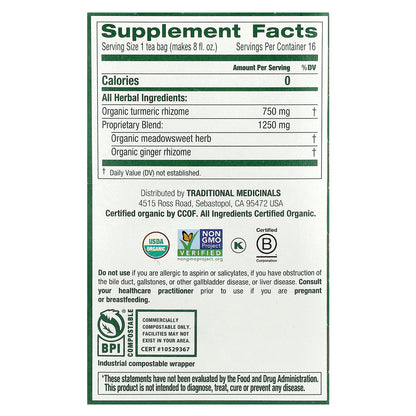 Traditional Medicinals, Organic Turmeric & Ginger with Meadowsweet, Caffeine Free, 16 Wrapped Tea Bags, 1.13 oz (32 g)