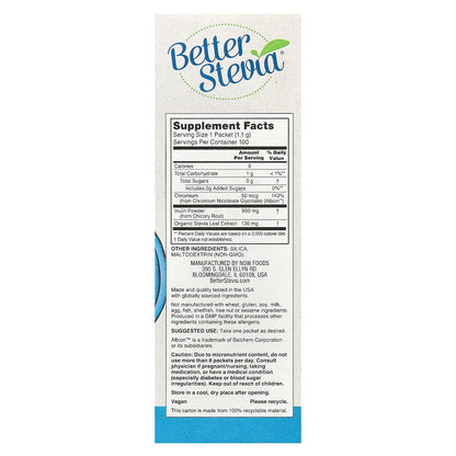 NOW Foods, Better Stevia®, Balance™ with Chromium & Inulin, 100 Packets, 0.039 oz (1.1 g) Each
