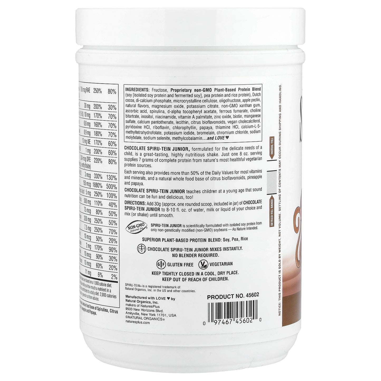 NaturesPlus, Spiru-Tein® Junior, Nutritious Thick Shake Mix For Kids, Chocolate, 1 lb (450 g)