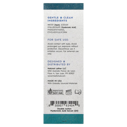 Tree To Tub, Double Action Hyaluronic Acid Serum, Fragrance Free, 1 fl oz (30 ml)