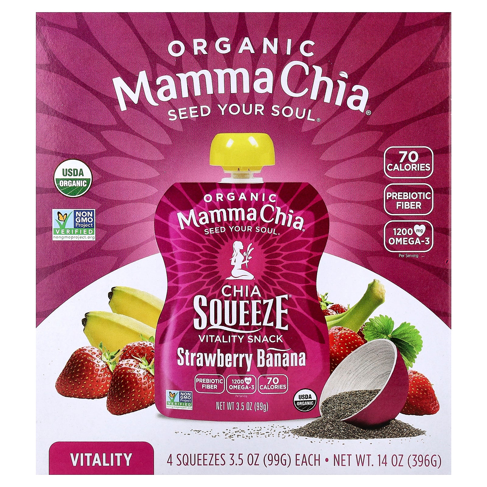 Mamma Chia, Organic Chia Squeeze® Vitality Snack, Strawberry Banana, 4 Pack, 3.5 oz (99 g) Each