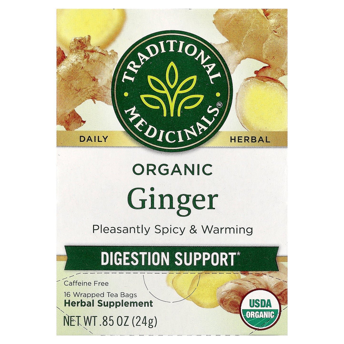 Traditional Medicinals, Organic Ginger, Caffeine Free, 16 Wrapped Tea Bags, 0.85 oz (24 g)