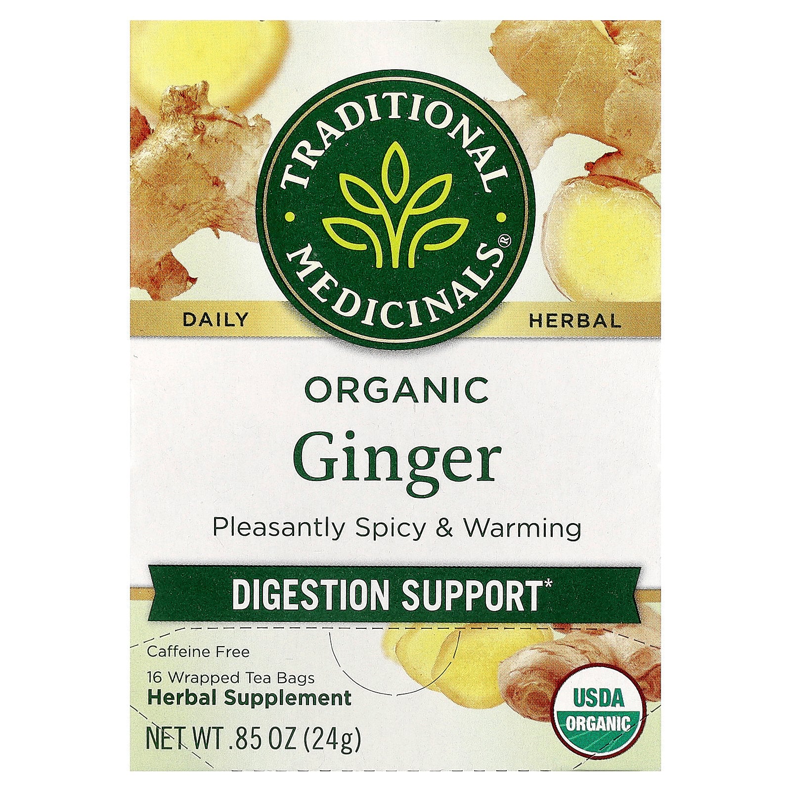 Traditional Medicinals, Organic Ginger, Caffeine Free, 16 Wrapped Tea Bags, 0.85 oz (24 g)