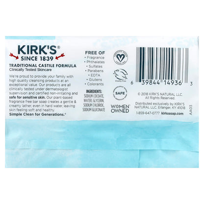 Kirk's, 100% Premium Coconut Oil Castile Bar Soap, Fragrance Free, 3 Bars, 4 oz (113 g) Each