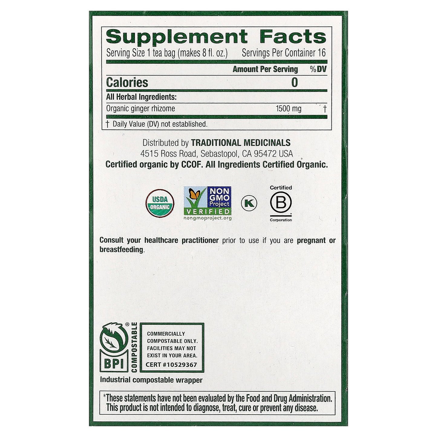 Traditional Medicinals, Organic Ginger, Caffeine Free, 16 Wrapped Tea Bags, 0.85 oz (24 g)