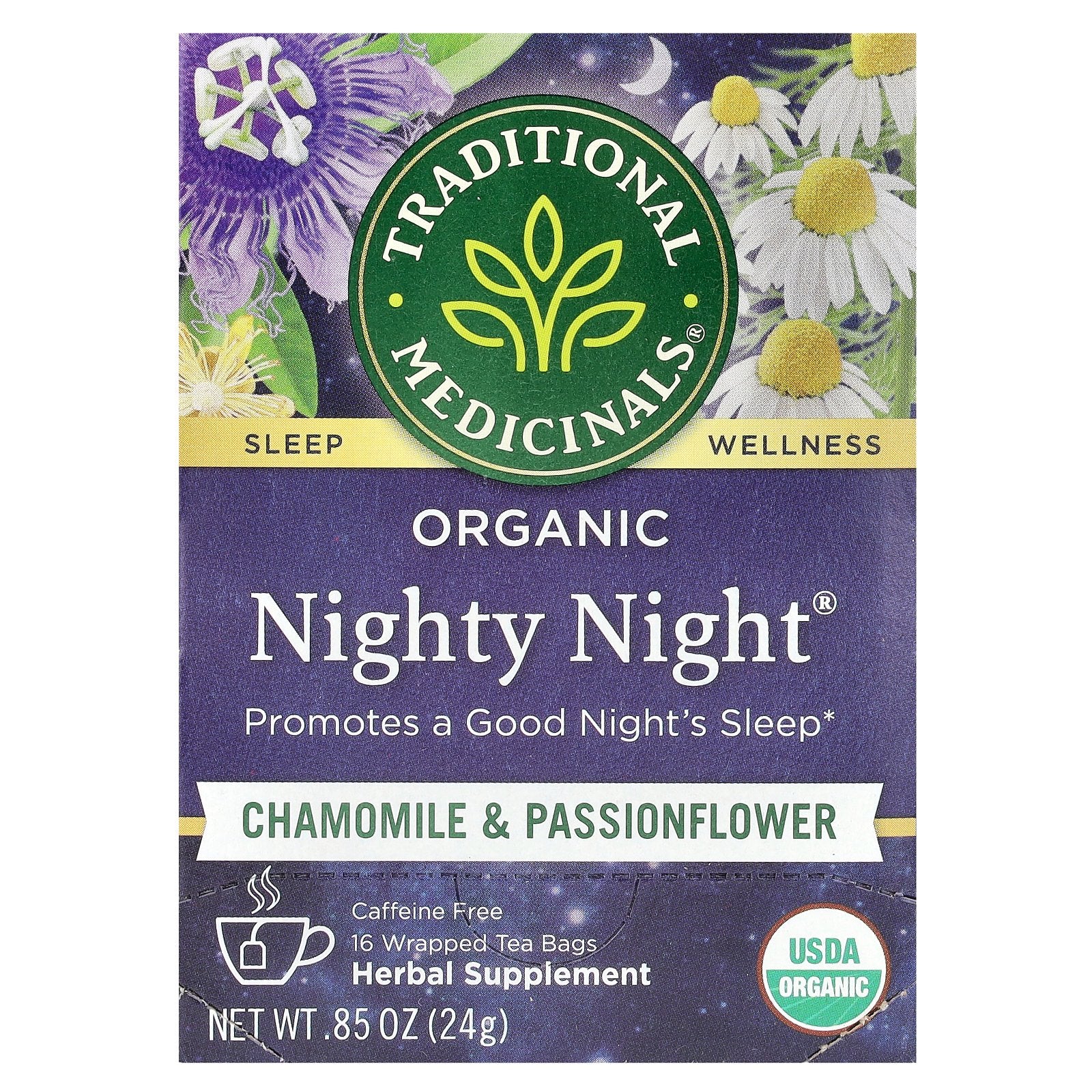 Traditional Medicinals, Organic Nighty Night, Chamomile & Passionflower, Caffeine Free, 16 Wrapped Tea Bags, 0.85 oz (24 g)