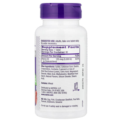 Natrol, Vitamin D3, Strawberry, 5,000 IU, 90 Tablets