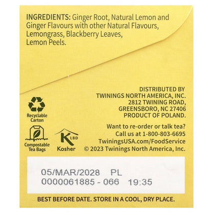 Twinings, Flavored Herbal Tea, Lemon & Ginger, Caffeine Free, 25 Tea Bags, 1.32 oz (37.5 g)