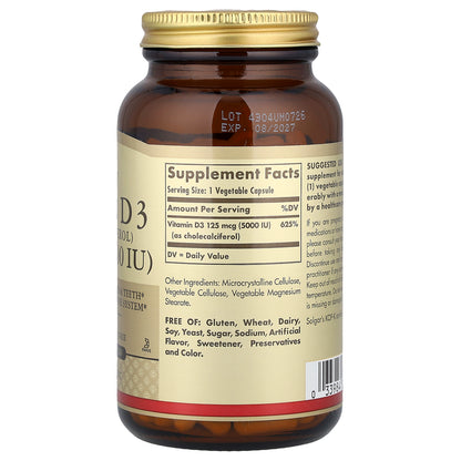 Solgar, Vitamin D3 (Cholecalciferol), 125 mcg (5,000 IU), 240 Vegetable Capsules