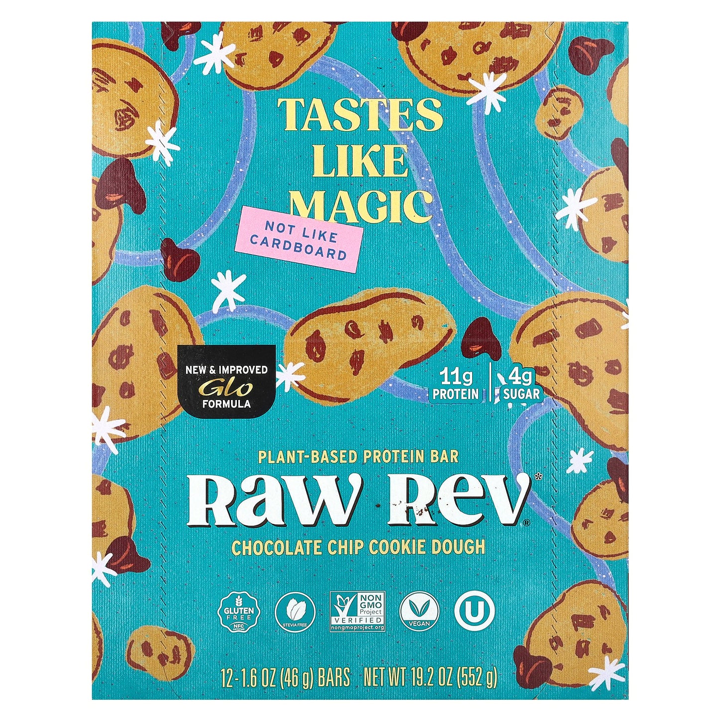 Raw Rev, Plant-Based Protein Bar, Chocolate Chip Cookie Dough, 12 Bars, 1.6 oz (46 g) Each