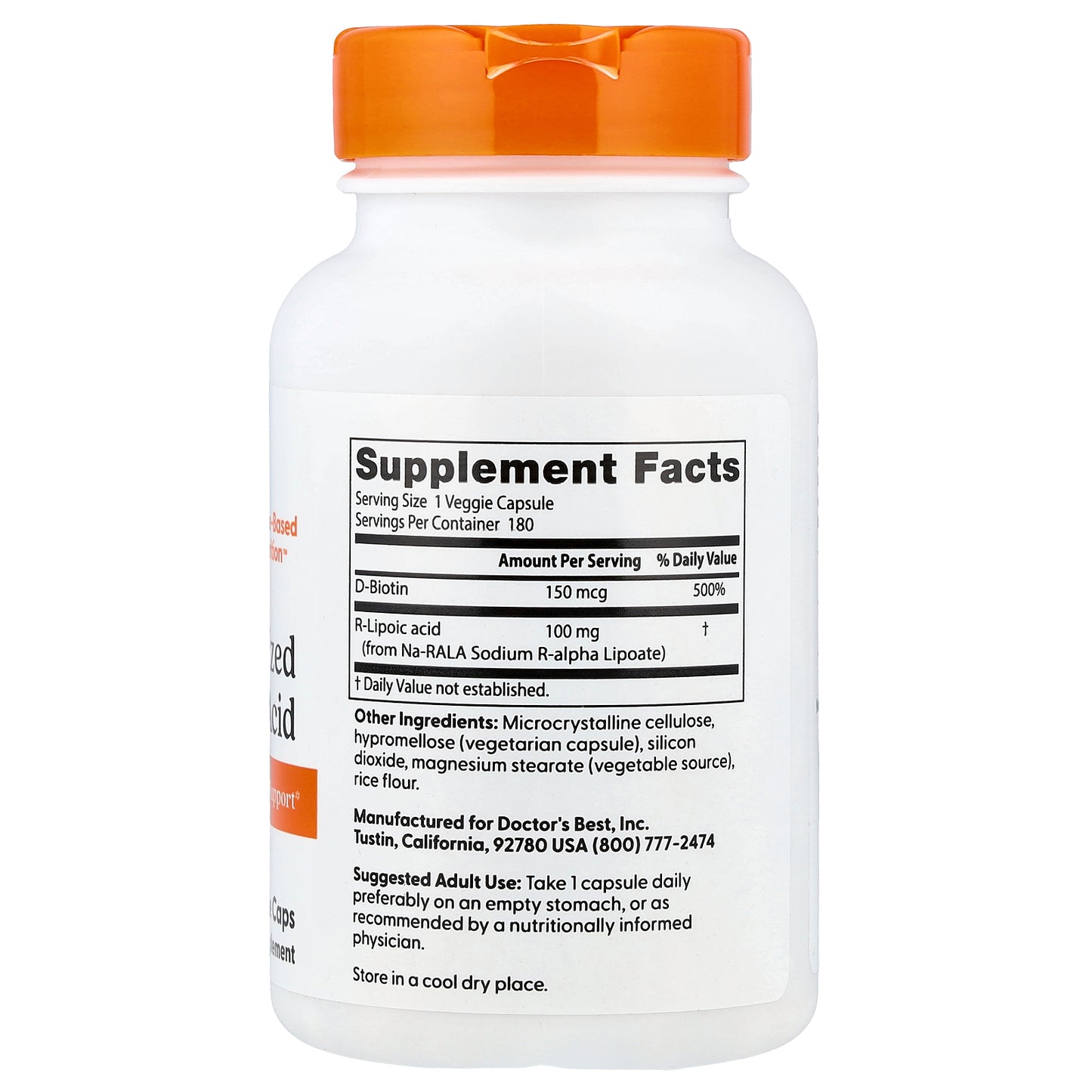 Doctor's Best, Stabilized R-Lipoic Acid , 100 mg, 180 Veggie Caps