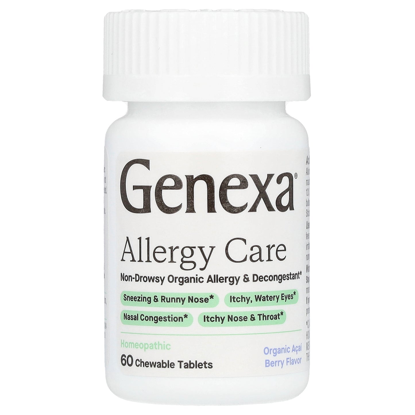 Genexa, Allergy Care, Non-Drowsy Organic Allergy & Decongestant, Organic Acai Berry , 60 Chewable Tablets