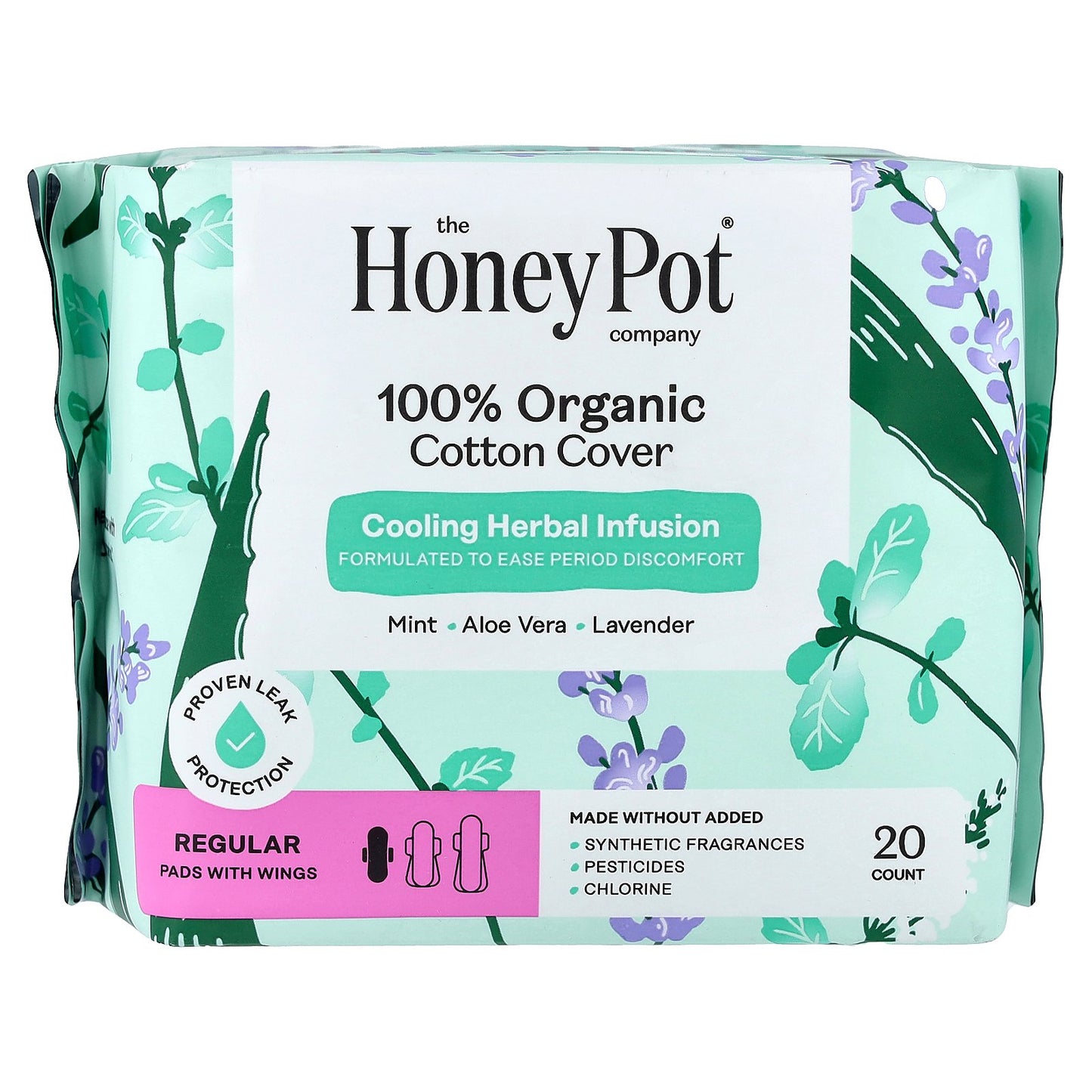 The Honey Pot Company, Organic Cooling Herbal Infusion, Pads with Wings, Regular, 20 Count