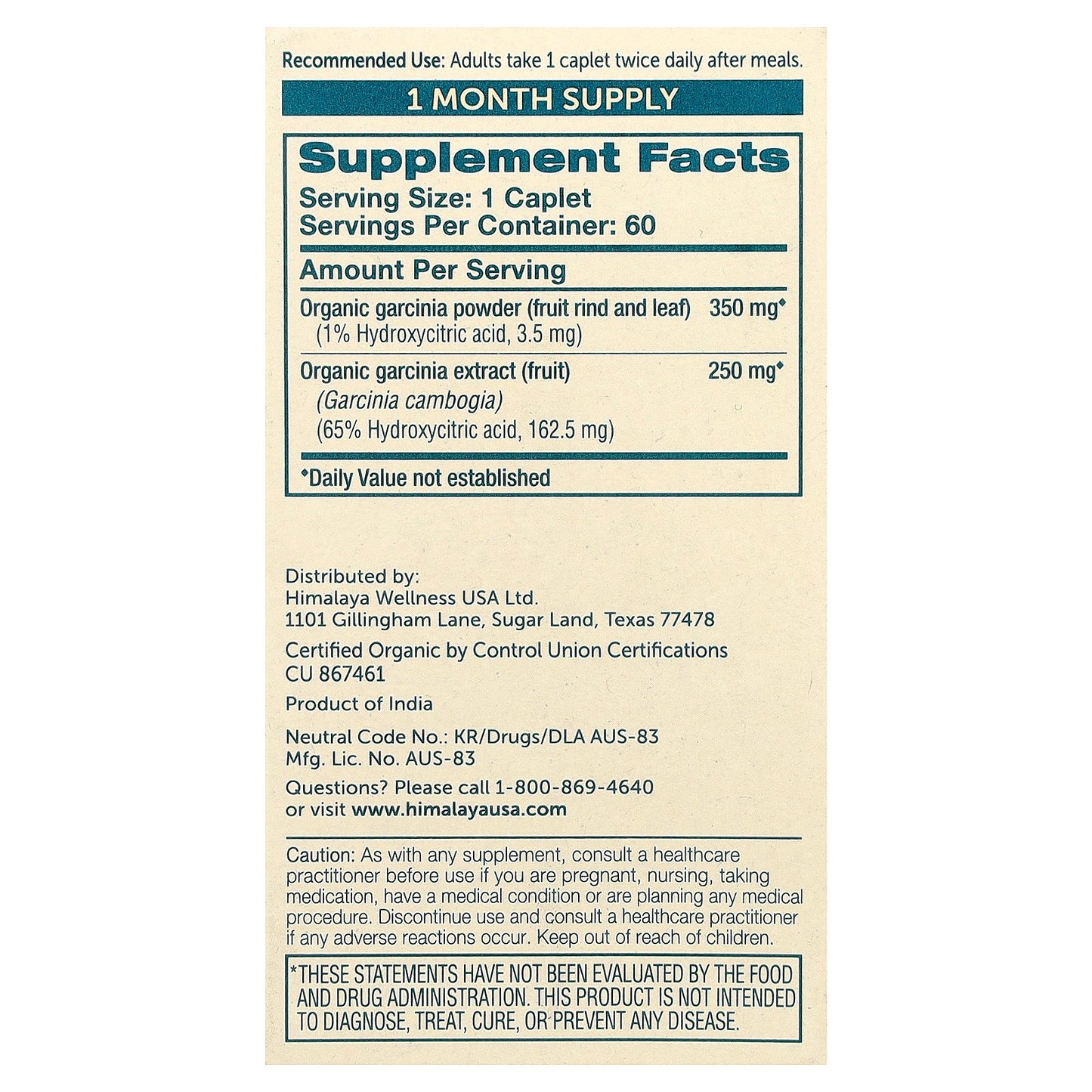 Himalaya, Organic Garcinia, 60 Caplets