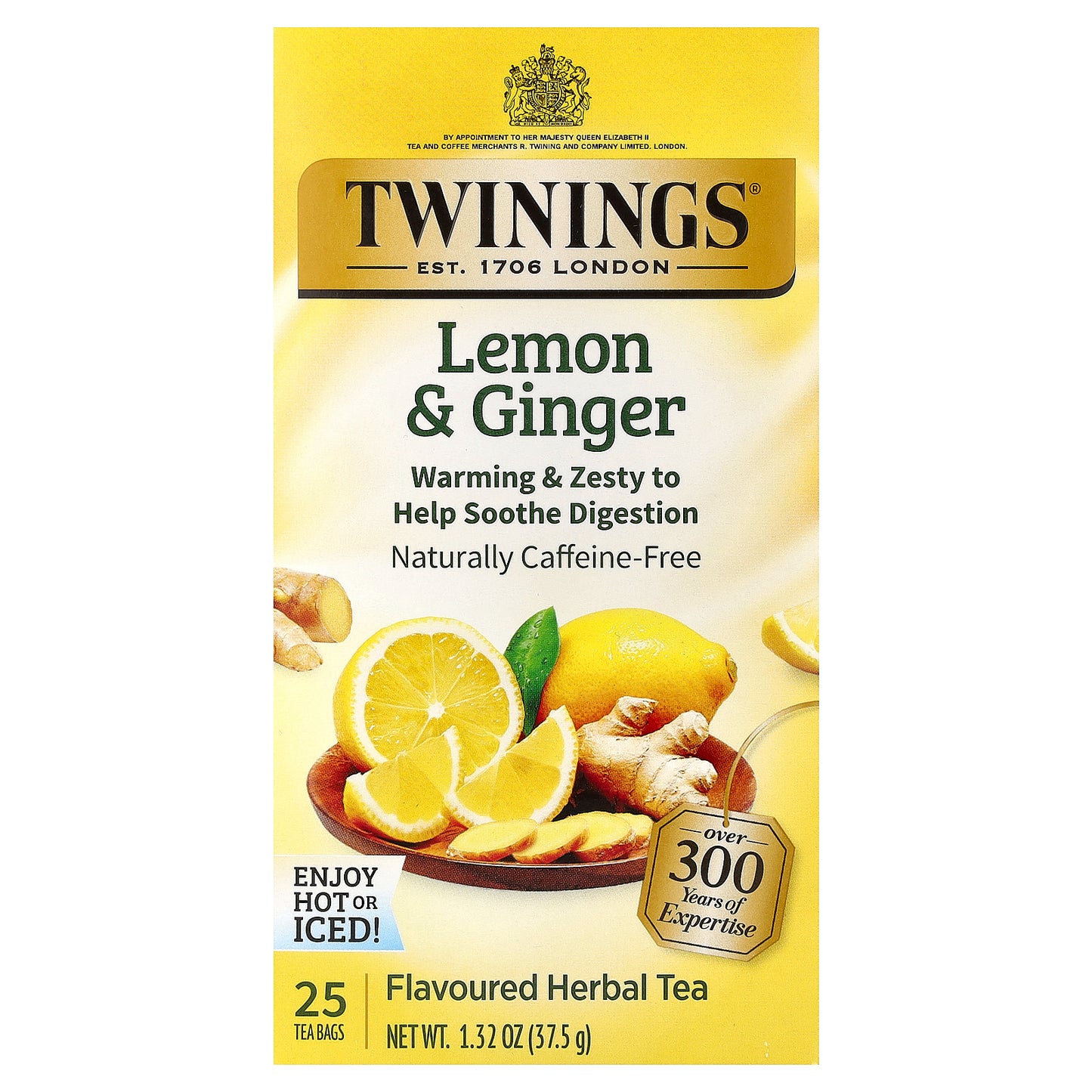 Twinings, Flavored Herbal Tea, Lemon & Ginger, Caffeine Free, 25 Tea Bags, 1.32 oz (37.5 g)