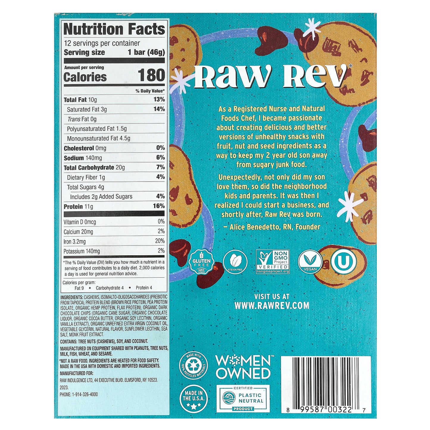 Raw Rev, Plant-Based Protein Bar, Chocolate Chip Cookie Dough, 12 Bars, 1.6 oz (46 g) Each