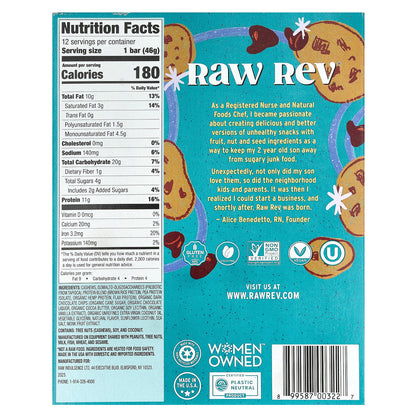 Raw Rev, Plant-Based Protein Bar, Chocolate Chip Cookie Dough, 12 Bars, 1.6 oz (46 g) Each