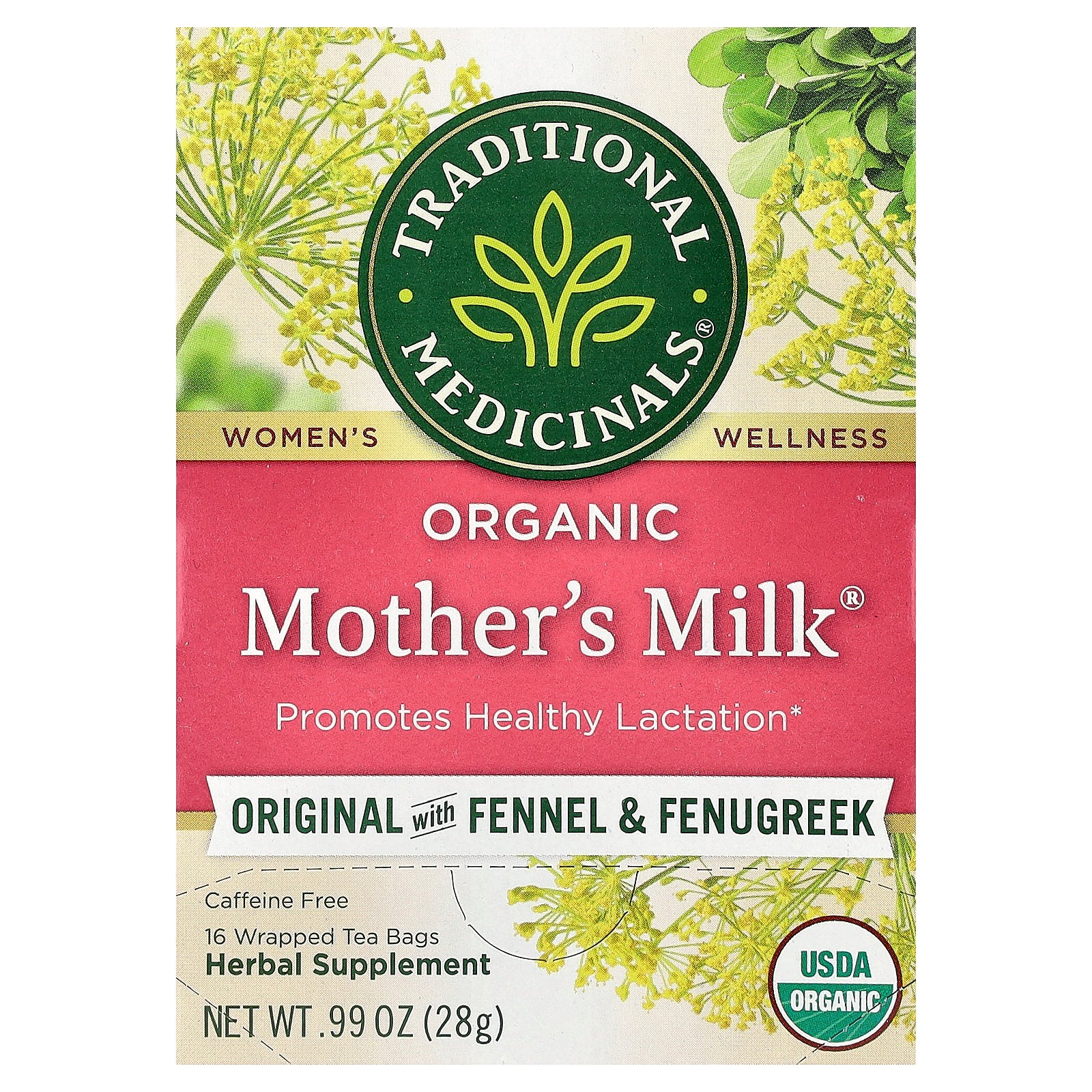 Traditional Medicinals, Organic Mother's Milk®, Original with Fennel & Fenugreek, Caffeine Free, 16 Wrapped Tea Bags, 0.99 oz (28 g)