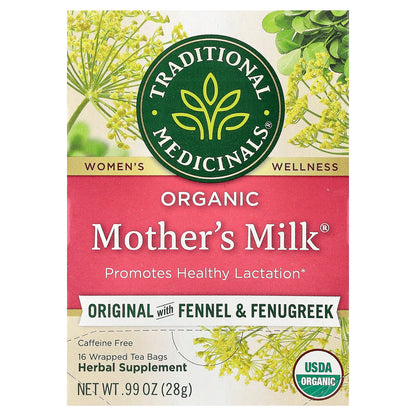 Traditional Medicinals, Organic Mother's Milk®, Original with Fennel & Fenugreek, Caffeine Free, 16 Wrapped Tea Bags, 0.99 oz (28 g)