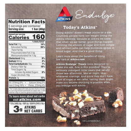 Atkins, Endulge, Nutty Fudge Brownie Bar, 5 Bars, 1.41 oz (40 g) Each