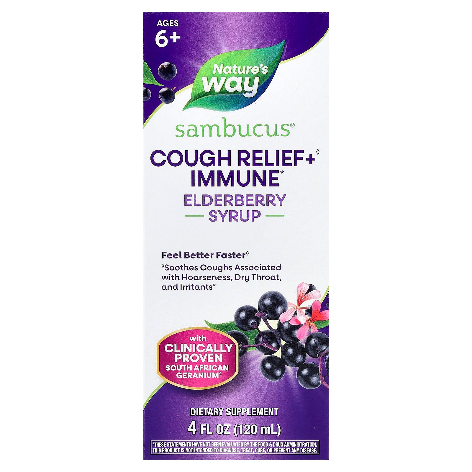 Nature's Way, Cough Relief + Immune Syrup, Sambucus®, Ages 6+, 4 fl oz (120 ml)