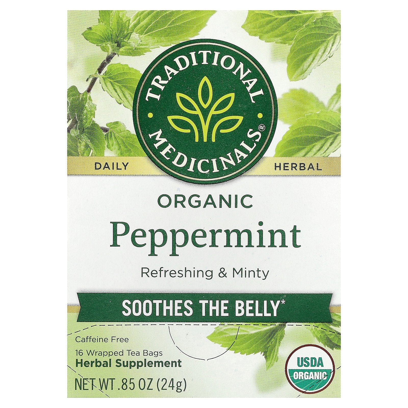 Traditional Medicinals, Organic Peppermint, Caffeine Free, 16 Wrapped Tea Bags, 0.85 oz (24 g)