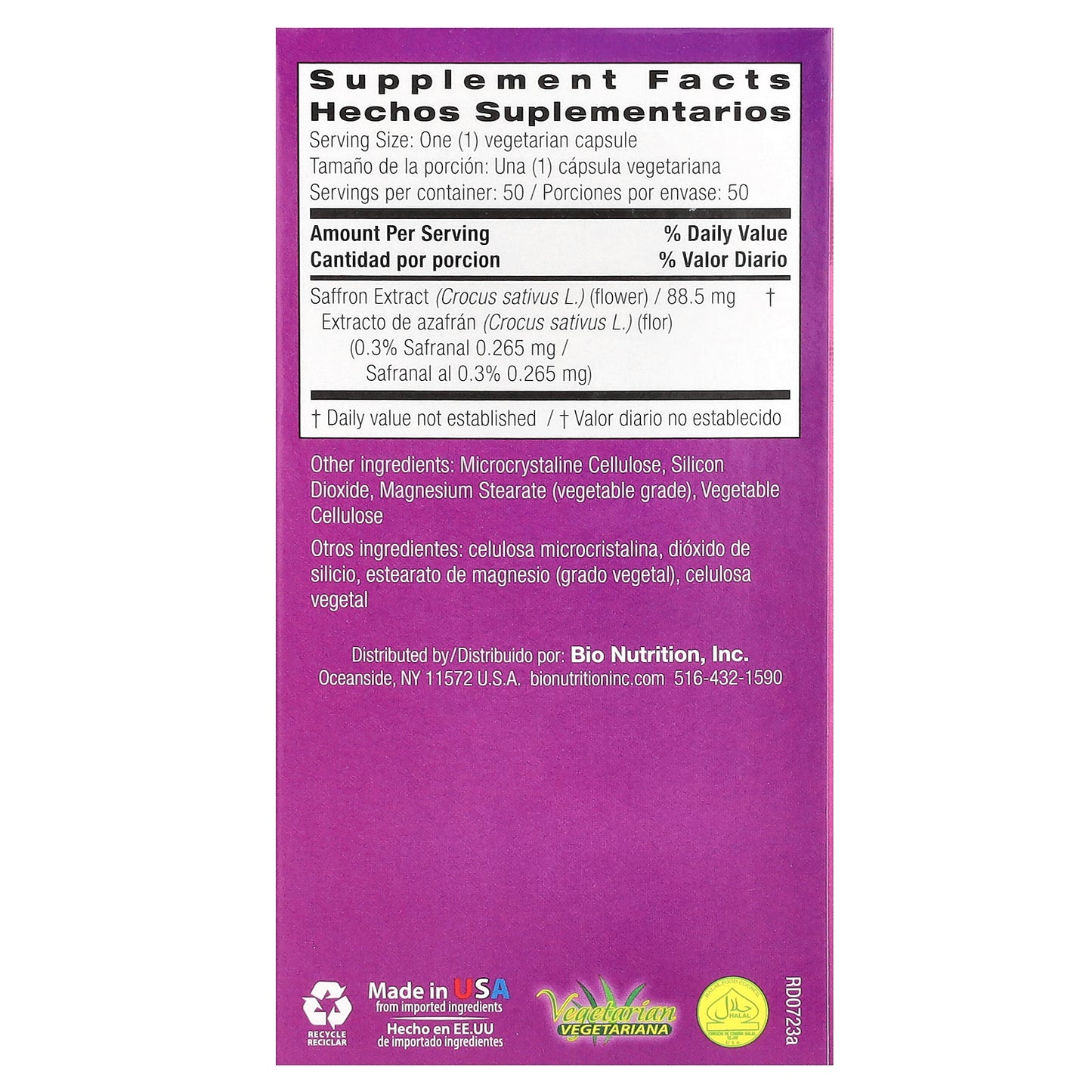 Bio Nutrition, Saffron Extract, 88.5 mg, 50 Vegetarian Capsules