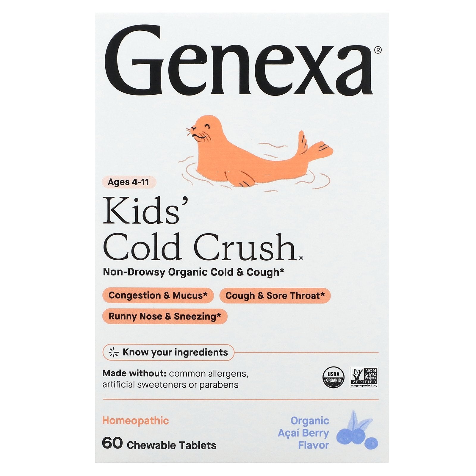 Genexa, Kids´ Cold Crush,  Ages 4-11, Organic Acai Berry, 60 Chewable Tablets