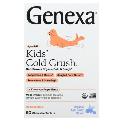 Genexa, Kids´ Cold Crush,  Ages 4-11, Organic Acai Berry, 60 Chewable Tablets