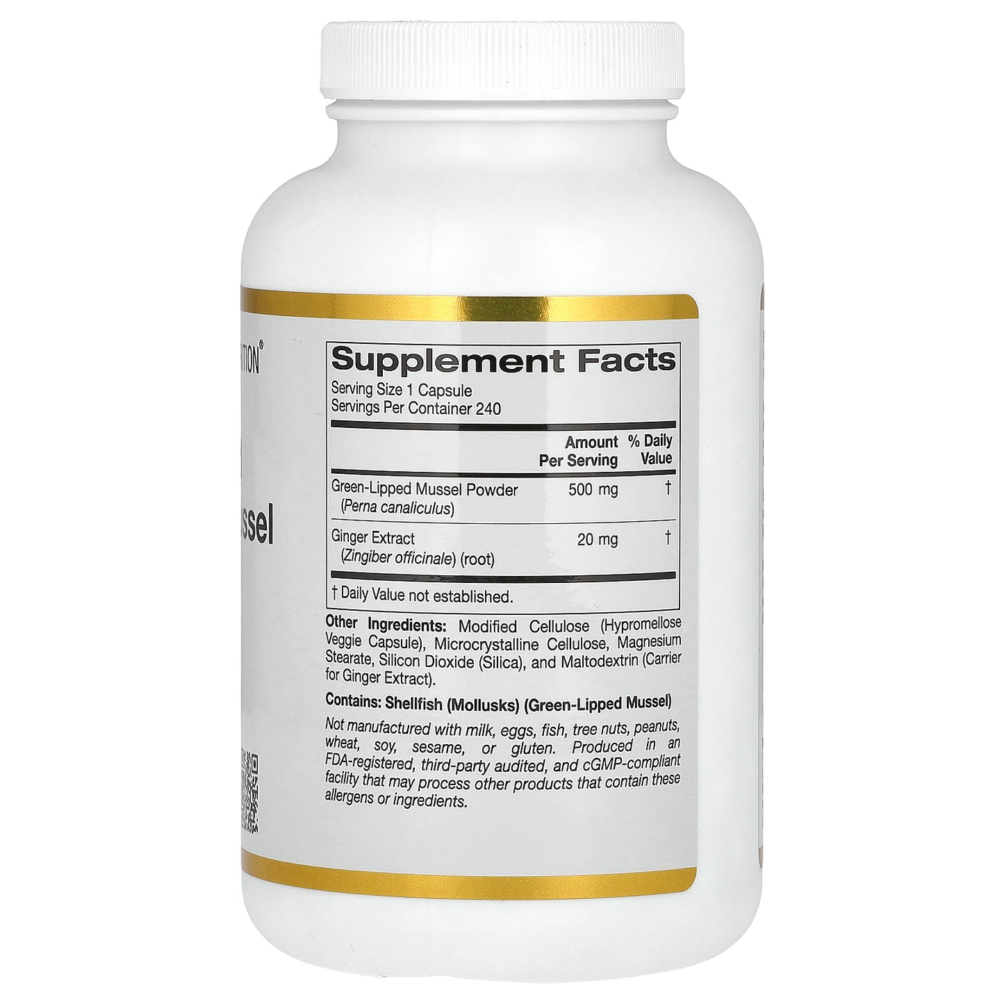California Gold Nutrition, New Zealand Green-Lipped Mussel with Ginger Extract, 500 mg, 240 Veggie Capsules