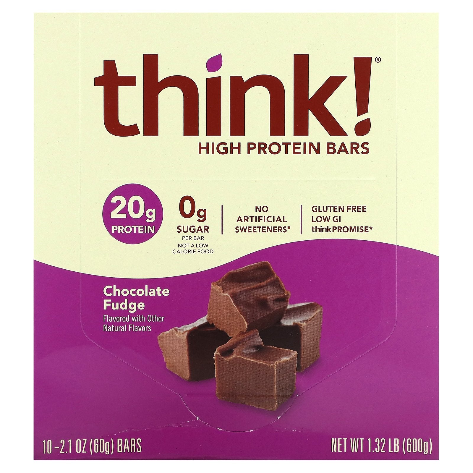 Think !, High Protein Bars, Chocolate Fudge, 10 Bars, 2.1 oz (60 g) Each