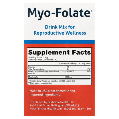 Fairhaven Health, Myo-Folate®, Drink Mix for Reproductive Wellness, Unflavored, 30 Packets, 2.4 g Each