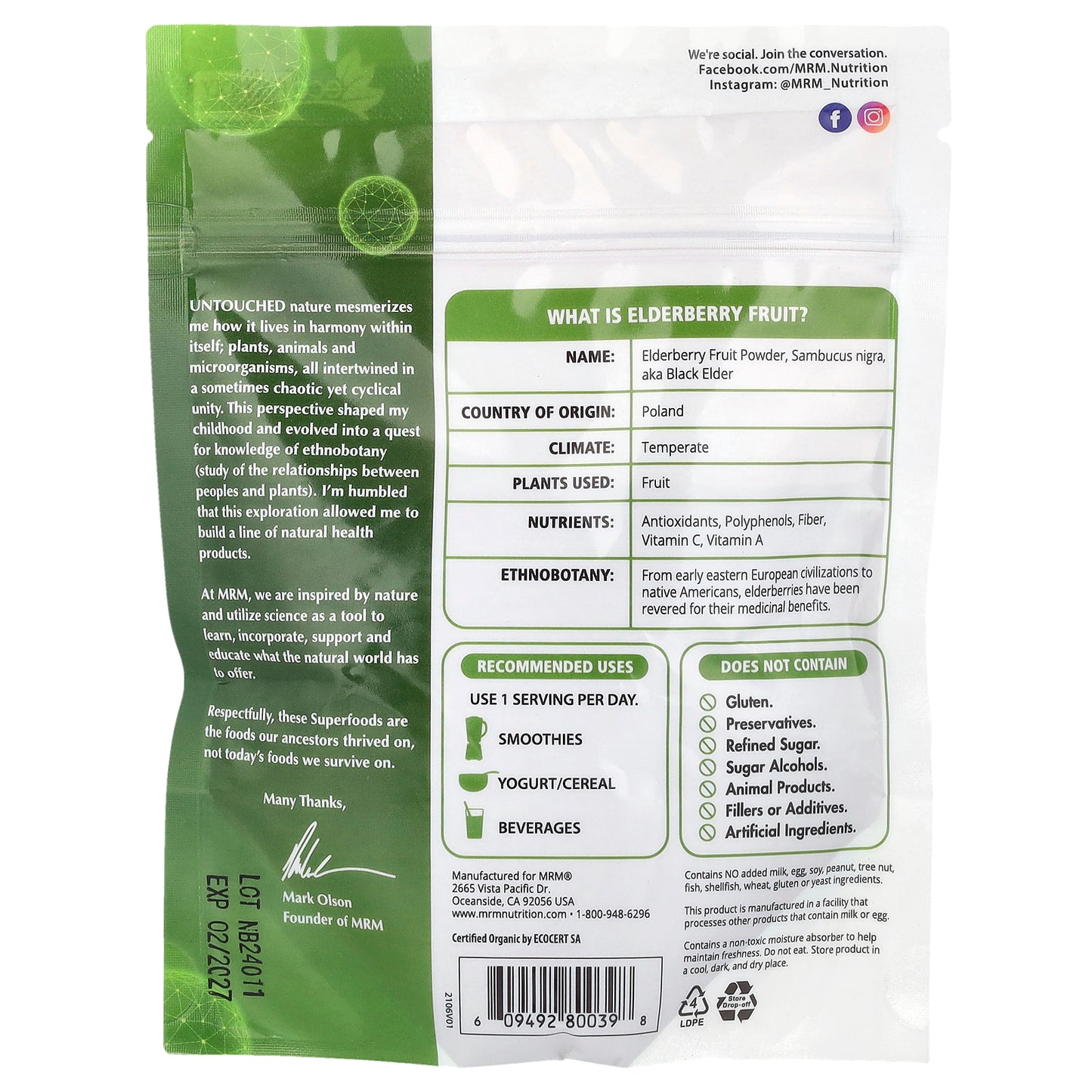 MRM Nutrition, Organic Elderberry Fruit Powder, 4 oz (113 g)