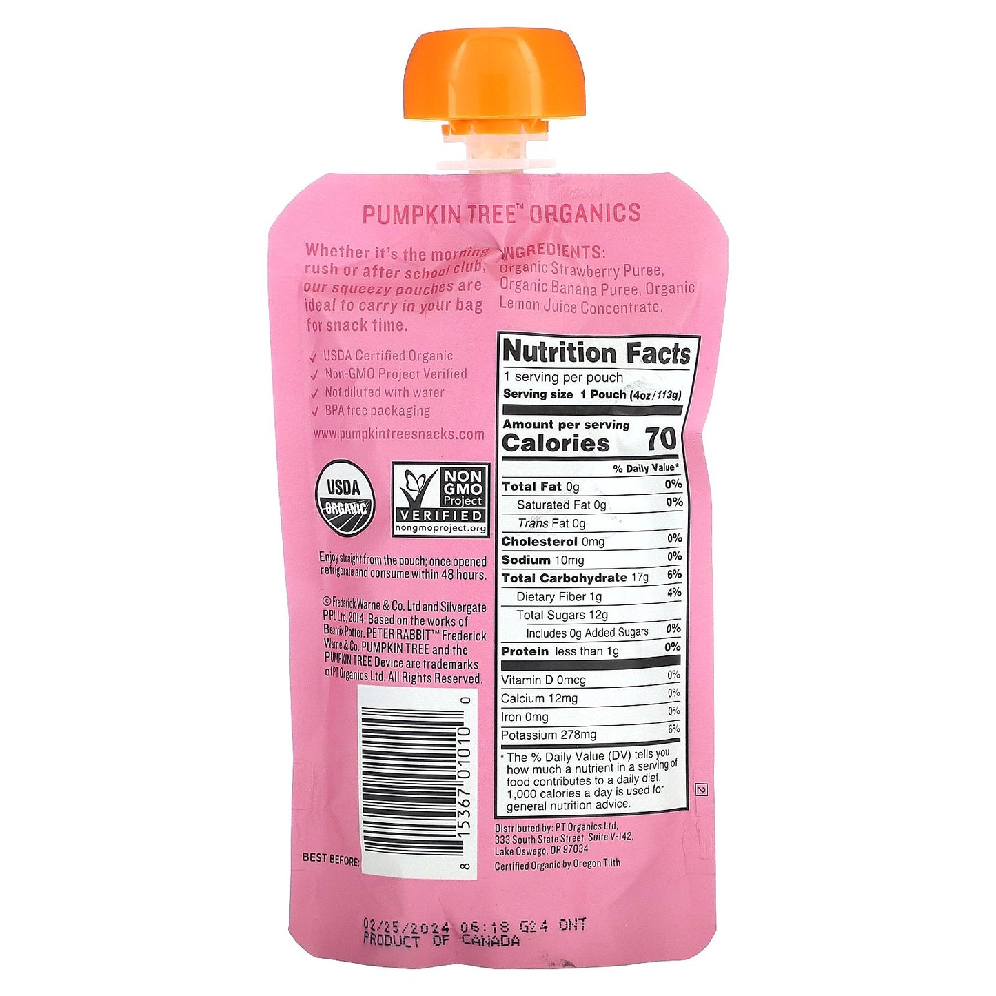 Pumpkin Tree Organics, Peter Rabbit Organics, Organic Fruit Puree, Strawberry & Banana, 4 oz (113 g)