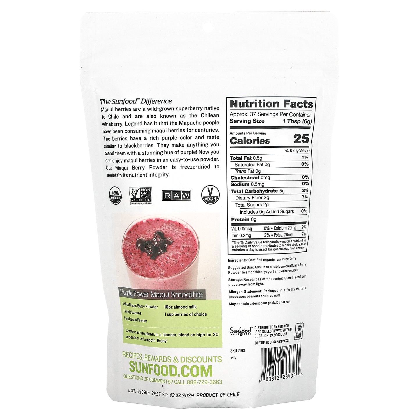 Sunfood, Superfoods, Raw Organic Maqui Berry Powder, 8 oz (227 g)