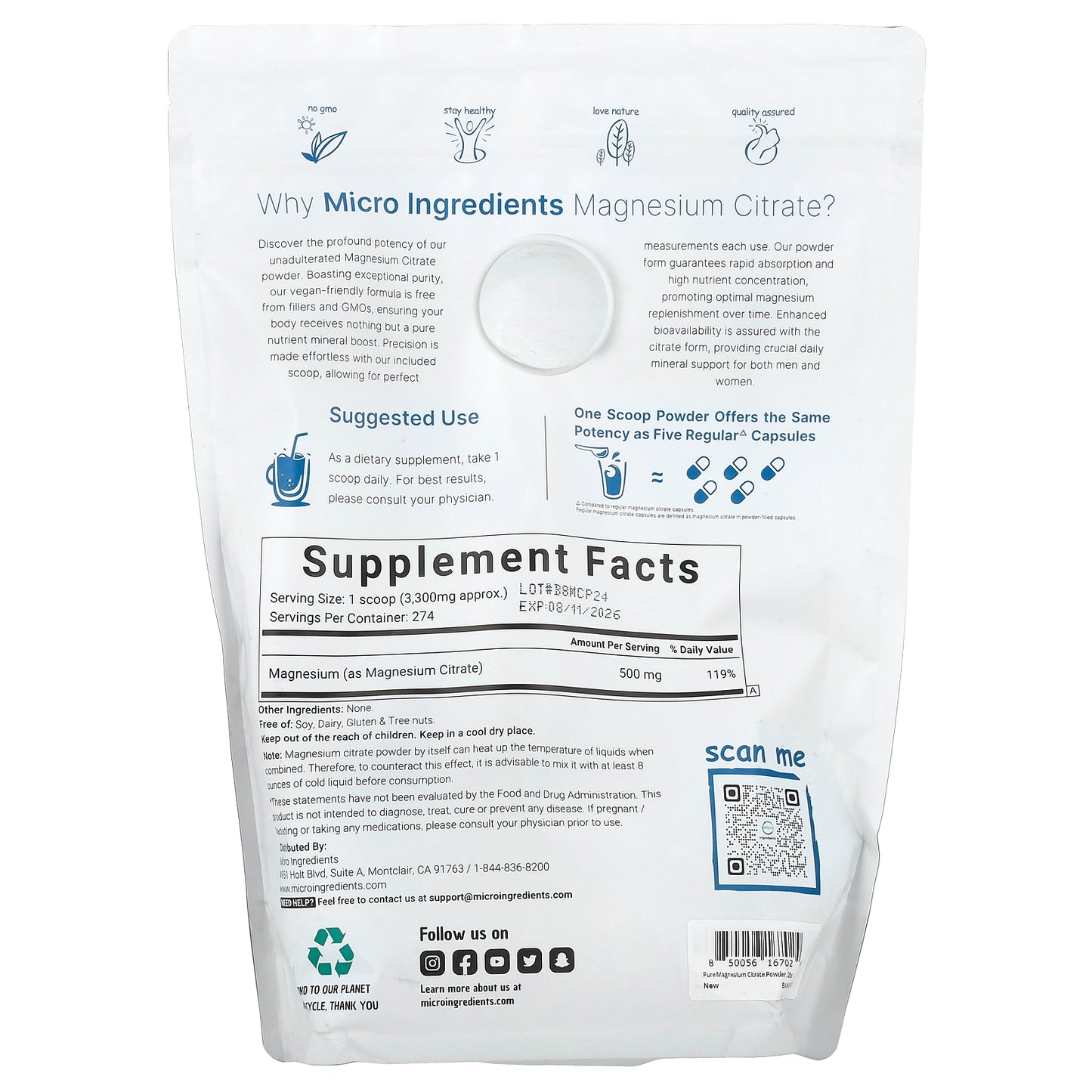 Micro Ingredients, Magnesium Citrate, Unflavored, 2 lb (907 g)