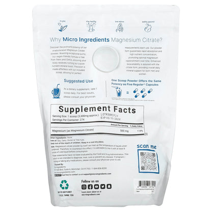 Micro Ingredients, Magnesium Citrate, Unflavored, 2 lb (907 g)