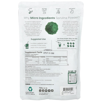 Micro Ingredients, Organic Spirulina Powder, 1 lb (454 g)